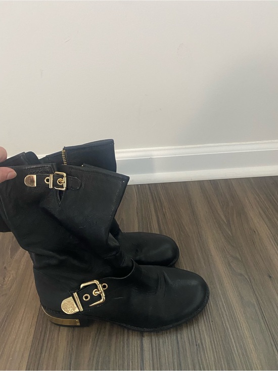 Vince Camuto Shoes - Vince Camuto Black Leather Mid-Calf Boots with Gold Hardware